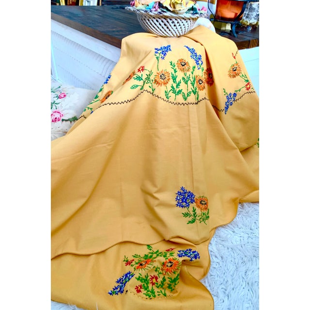 Vintage Handcrafted Hungarian Embroidered Mustard Autumnal Tablecloth 49” X 68” For Sale - Image 9 of 12