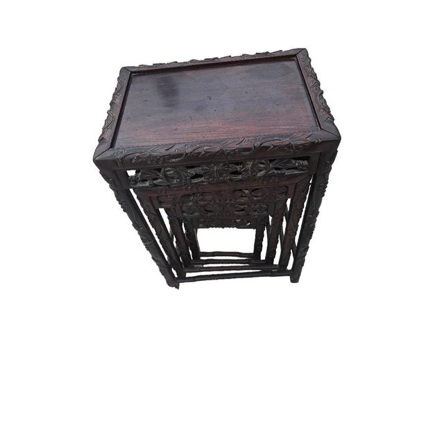 Set of 4 Mid-Century Chinese Ornately Carved Hardwood Nesting Tables For Sale - Image 6 of 7