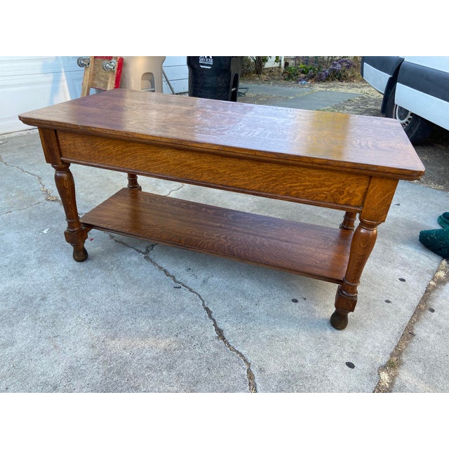 Antique Arts and Crafts Oak Library Desk Writing Table Wirh Shelf Mission Style For Sale - Image 14 of 18