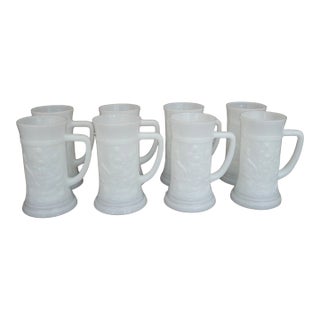 Vintage 1960's American Federal Milk Glass Bavarian Tavern Scene Motif Steins - Set of 8 For Sale