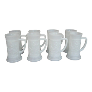 Vintage 1960's American Federal Milk Glass Bavarian Tavern Scene Motif Steins - Set of 8