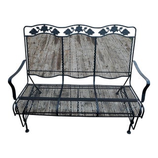 1960s Woodard "Briarwood" Wrought Iron & Mesh Patio Glider Loveseat, Attributed For Sale
