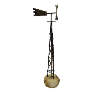 1970s Mid Century Modern Metal Art Brass Wind Mill Rock Base Signed DeMott Jere's Era