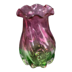 Vintage Art Glass Vase Two-Tone Cranberry & Green Ruffled Top