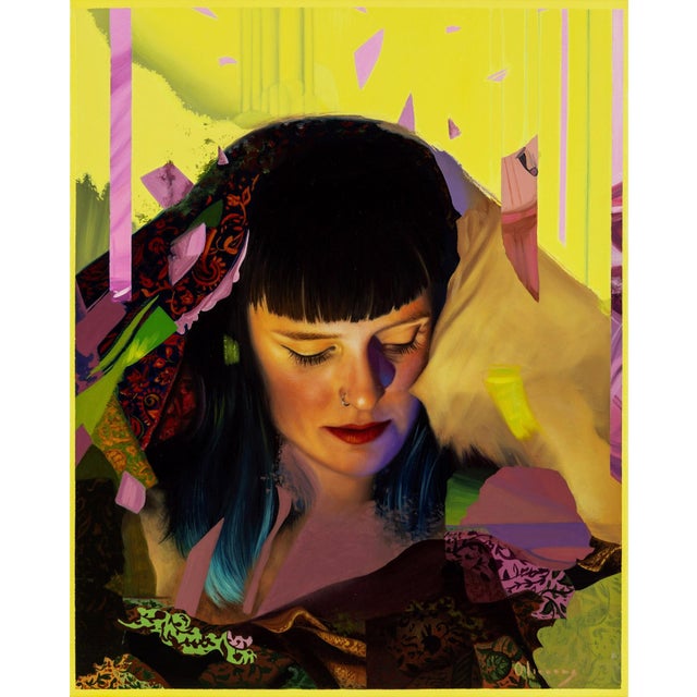 Y los sueños, sueños son by Jessica Oliveras | Oil on linen Portrait of a woman with colorful elements. For Sale