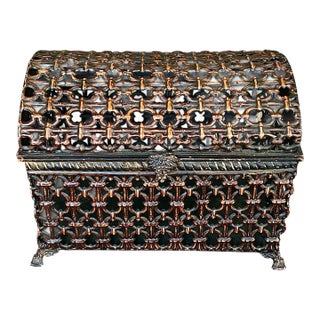 Metal Keepsake Casket Featuring an Intricate Pierced Lattice Design and Dramatic Domed Lid For Sale