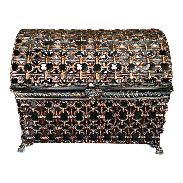 Metal Keepsake Casket Featuring an Intricate Pierced Lattice Design and Dramatic Domed Lid For Sale