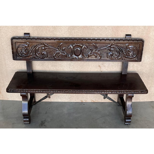 20th Century Spanish Renaissance Carved Walnut Bench Banquette "Escaño" For Sale - Image 18 of 18
