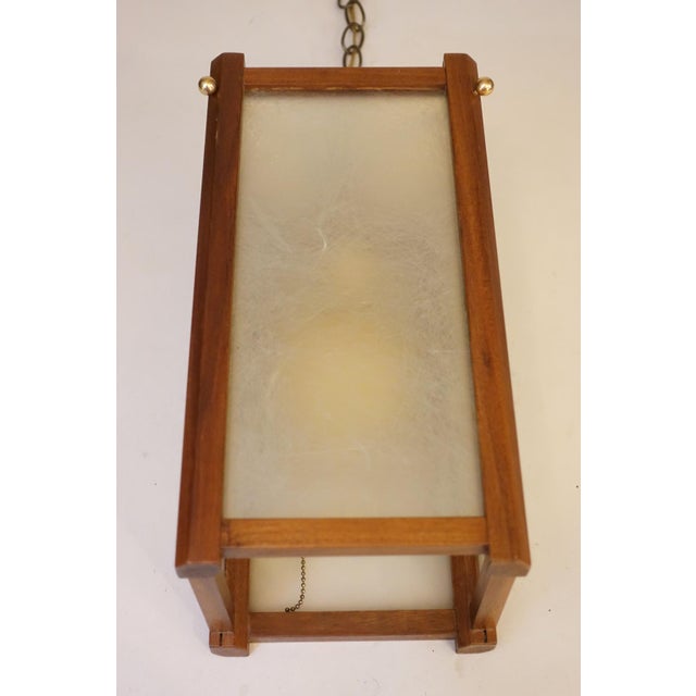 Wood 1950s Mid Century Modern Fiberglass Walnut Brass Lantern Hanging Swag Lamp For Sale - Image 7 of 11