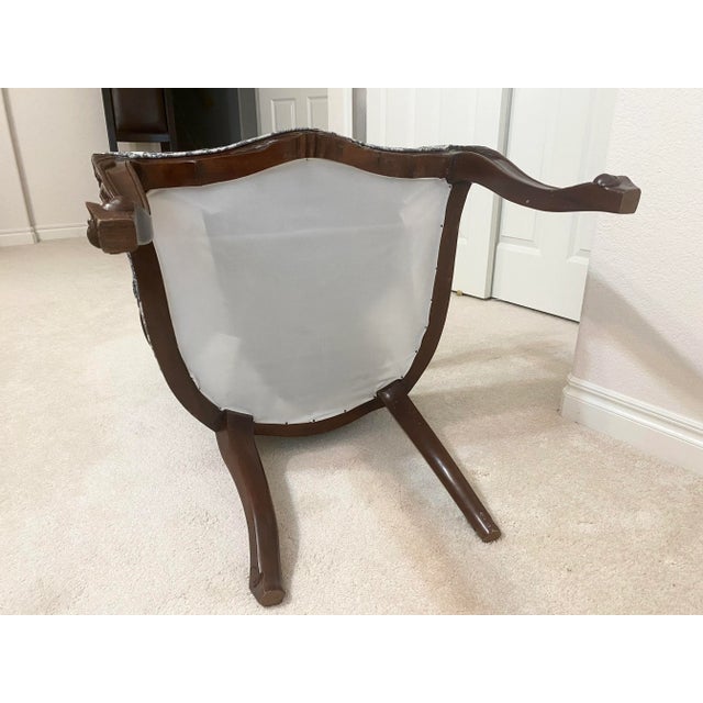 Louis XV Style Bergere Carved Wood and Blue and Dark White Designed Upholstered Chair Vintage For Sale - Image 9 of 16