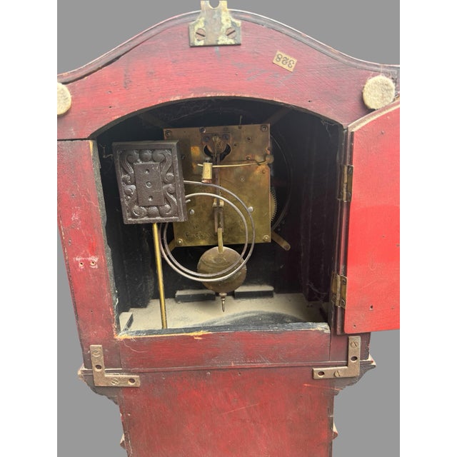 Antique 1920s English Chinoiserie Grandmother Clock Red Lacquer 50.5” Longcase For Sale - Image 11 of 12