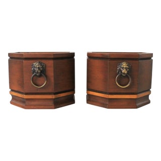 Pair of Vintage Wood Wall Pocket Planters W/ Lion Head Motif For Sale