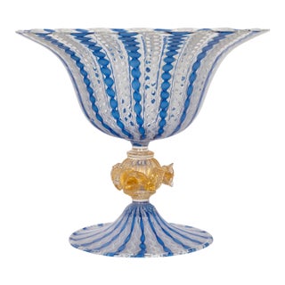 Antique Venetian Murano Blue Glass Latticino Zanfirico Bowl Compote, Signed 1920 For Sale