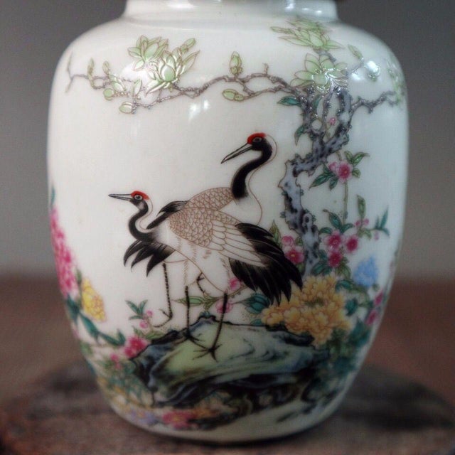 Small Chinese Famille Rose Porcelain Jar With Crane & Floral Motif, 3.7" For Sale - Image 4 of 9