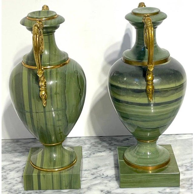 Neoclassical 19th Century Russian Neoclassical Unique Specimen Green Quartz Ormolu Mounted Vases - a Pair For Sale - Image 3 of 12