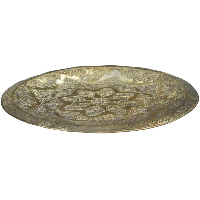 Mid 20th Century Hand-Engraved Moroccan Arabesque-Patterned Brass Tray For Sale - Image 4 of 5