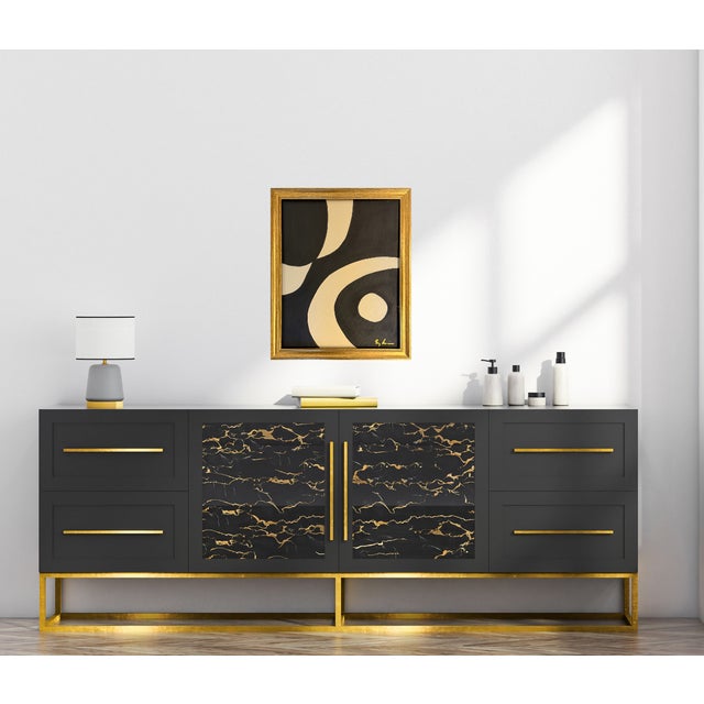 Bryan Boomershine, original abstract Mid-Century Inspired Painting in cream and black with a gold frame. This painting...