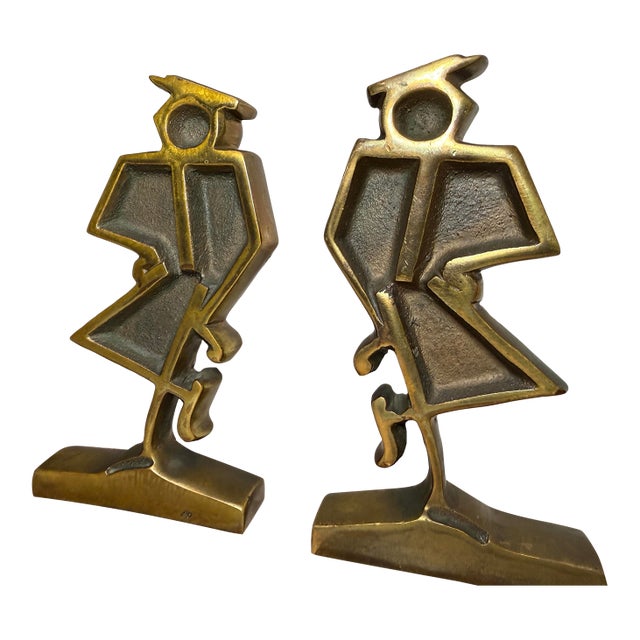Vintage Heavy Pair Modernist Mid Century Modern Bronze Marble Figural Bookends For Sale