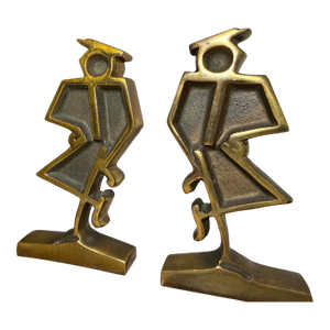 Vintage Heavy Pair Modernist Mid Century Modern Bronze Marble Figural Bookends