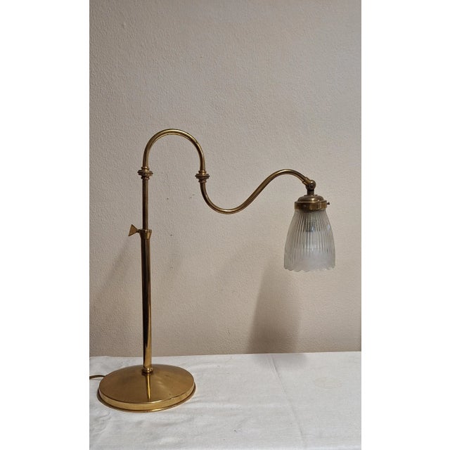 Vintage Adjustable Table Lamp with Brass Frame and Matt Fluted Glass Shade, 1980s, in Good conditions. Designed 1980 to...