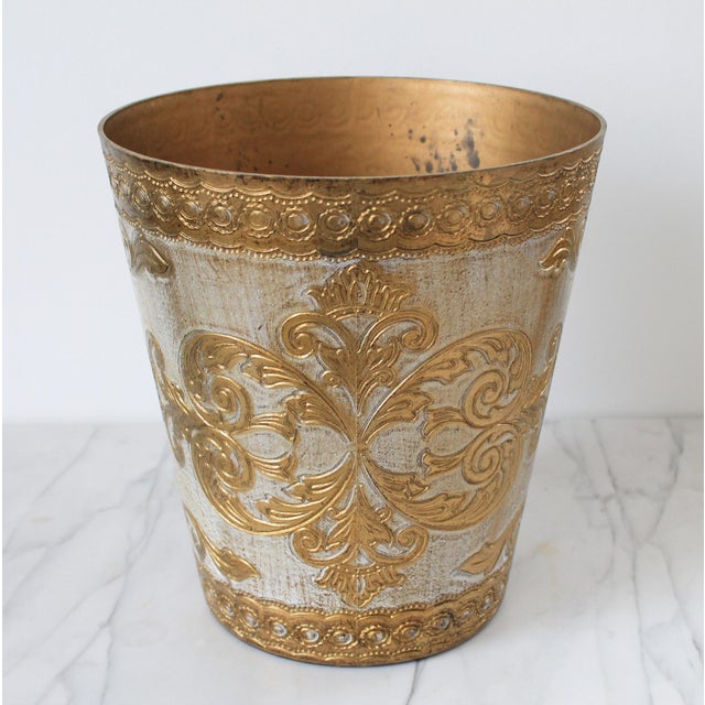 Vintage gold and cream color wastebasket or trash can. Made in Italy. Some marks inside of basket. Pictured.