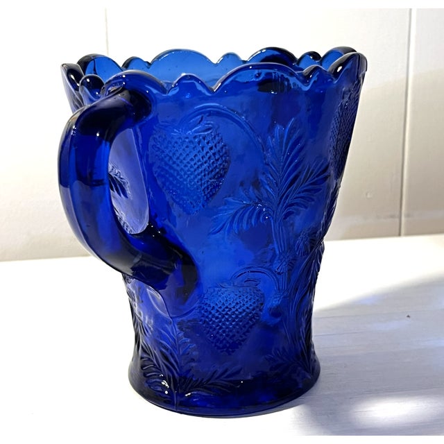 1970s Vintage Mosser Cobalt Blue Pressed Glass Inverted Strawberry Double Handled Vase For Sale - Image 5 of 5