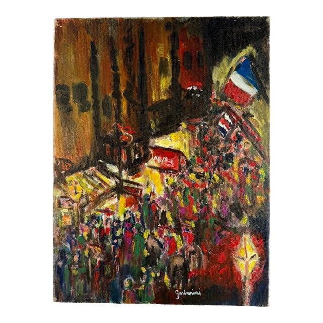 Vintage French City Scene Painting, Original Oil on Canvas For Sale