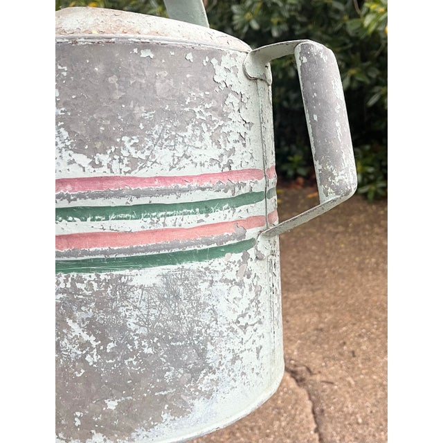 1940s Vintage Painted Striped Farmhouse Galvanized Garden Watering Can For Sale - Image 4 of 10