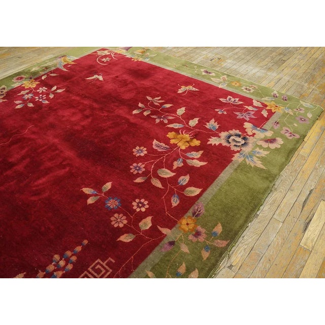 Magistral Red Rust Background and Green Border Color With Floral Design Antique Chinese Art Deco Rug For Sale - Image 10 of 12