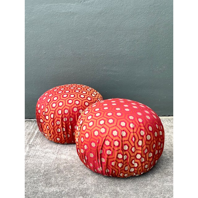 Mid-Century Modern Vintage Geometric Fabric Poufs - Pair For Sale - Image 3 of 12