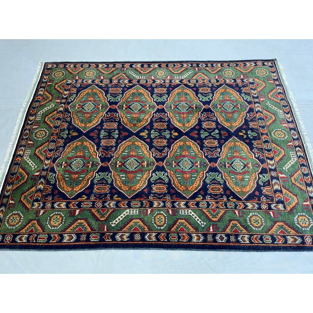 Art Deco Green & Navy Blue Geometric Tribal Wool Area Rug, 5' X 6'7" For Sale - Image 3 of 16