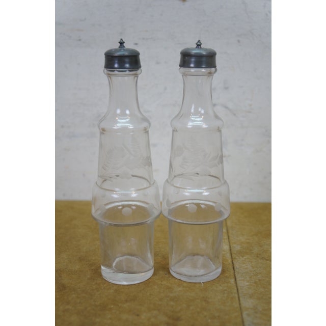 Antique Victorian Silver Plate Etched Glass Cruet Condiment Set 12" For Sale - Image 11 of 18