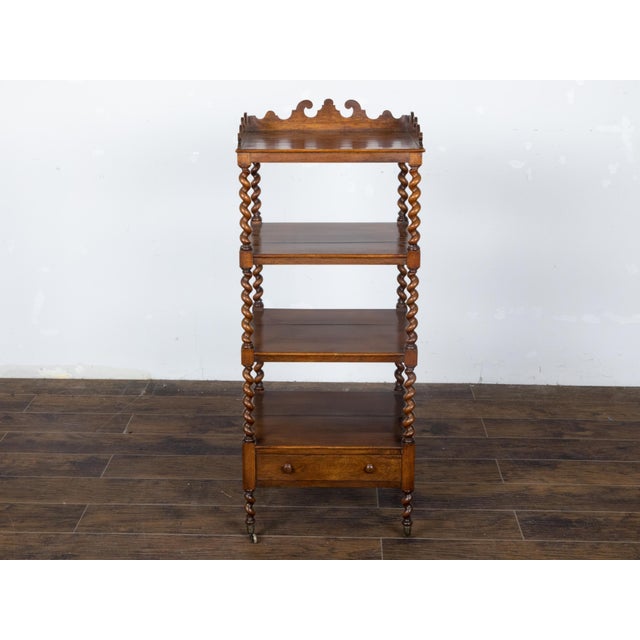 English 19th Century Walnut Barley Twist Tiered Shelf on Casters with Drawer For Sale In Atlanta - Image 6 of 12