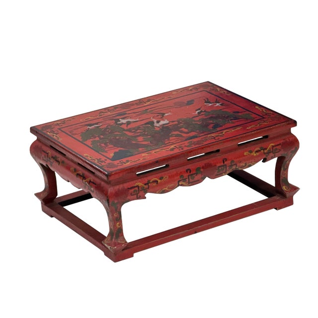Vintage Distressed Red White Cranes Pine Graphic Rectangular Stand Table For Sale - Image 4 of 12