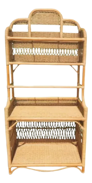 Vintage Wicker Rattan Coastal Regency Pagoda Topped 3 Glass Shelf Etagere Display Unit