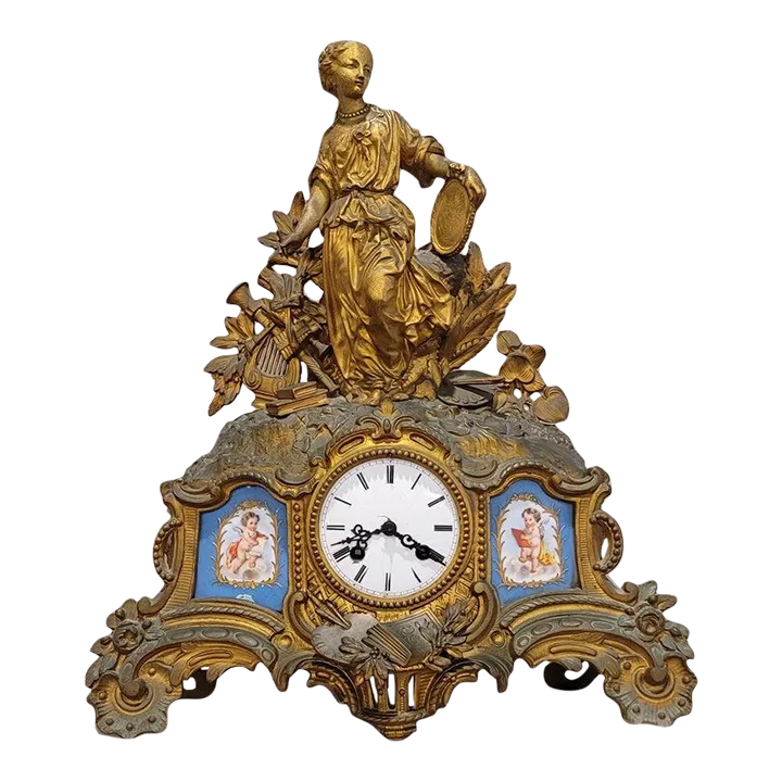 French Louis XV Porcelain Patinated Gilt Bronze Clock Signed