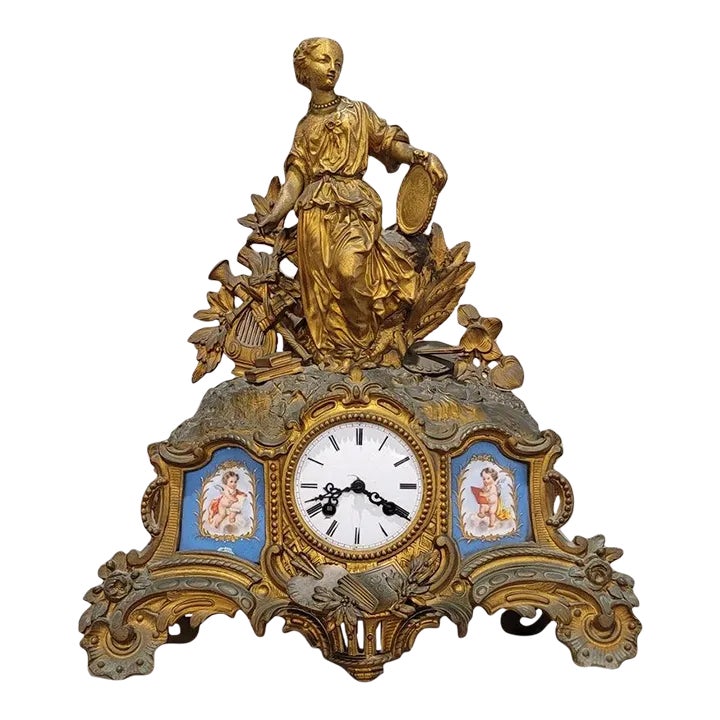 French Louis XV Porcelain Patinated Gilt Bronze Clock Signed