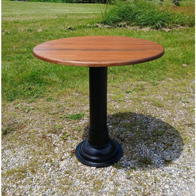 Antique Round Oak Top Pub Table or Game Table With Cast Iron Column Base For Sale In Cleveland - Image 6 of 17