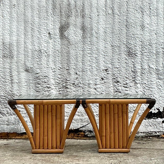 Wood Vintage Coastal Rattan Frame Coffee Table For Sale - Image 7 of 7