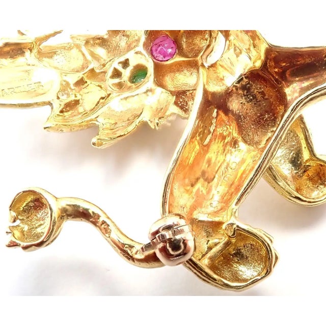 Metal 1960s Vintage Cartier Whimsical Dragon Lion Diamond Ruby Emerald Pin Brooch For Sale - Image 7 of 12