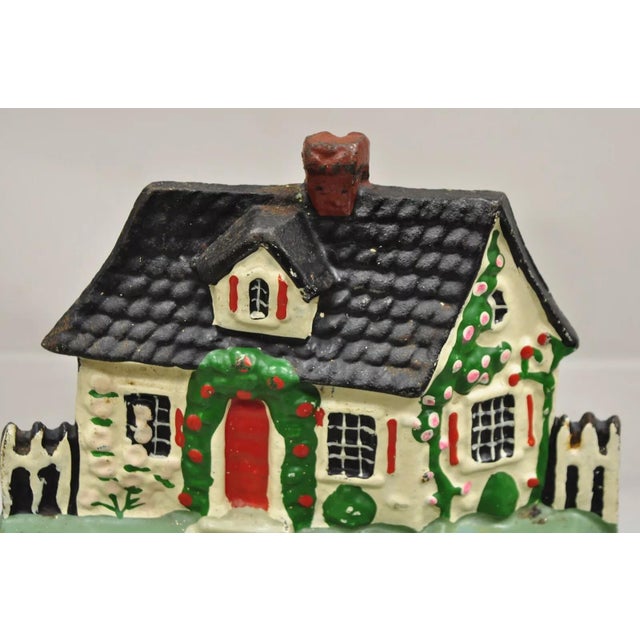 Victorian Antique Victorian Cast Iron Figural Traditional Cottage House Painted Door Stop For Sale - Image 3 of 9