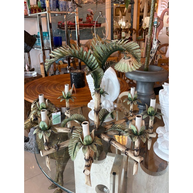 Vintage Tole Metal Palm Beach Tree Leaf Leaves 8 Light Chandelier For Sale In West Palm - Image 6 of 17