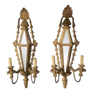 1940s Italian Large Wooden and Mirror Sconces - Pair For Sale