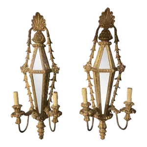 1940s Italian Large Wooden and Mirror Sconces - Pair