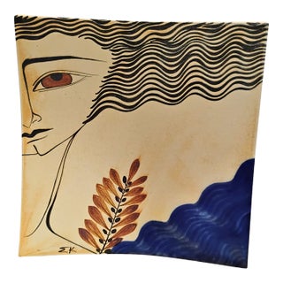 1980s Hand-Painted Greek Ceramic Art Tile Plate - Minoan Style Goddess 11.25" X 11.5" For Sale