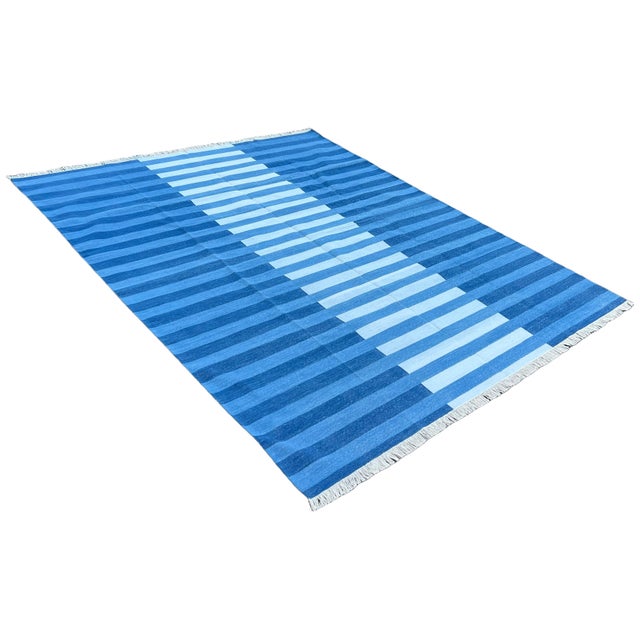 Mid-Century Modern Handmade Cotton Area Rug, Natural Vegetable Dyed, Indigo Blue Striped Rug - 8'x10' For Sale - Image 3 of 13