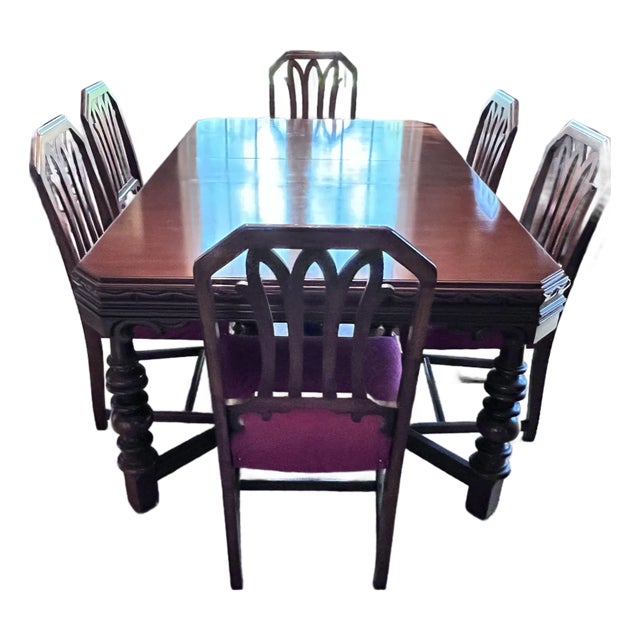 Jacobean Revival Mahogany Dining Table W/Leaves and Pads, Plus 6 Chairs - Set of 7 For Sale