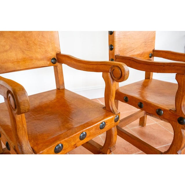Set of Studded Tan Leather Throne Chairs, 1980 For Sale - Image 9 of 18