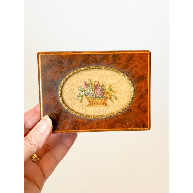 Mid Century Austrian Burlwood Box With Embroidered Insert For Sale - Image 4 of 13