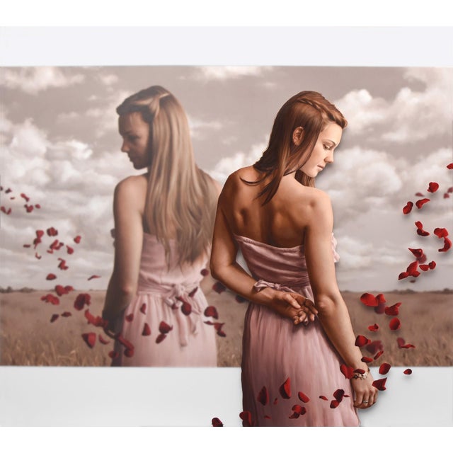 Duality by Beth Sistrunk | Oil on two translucent acrylic panels Two women in a field with petals. For Sale
